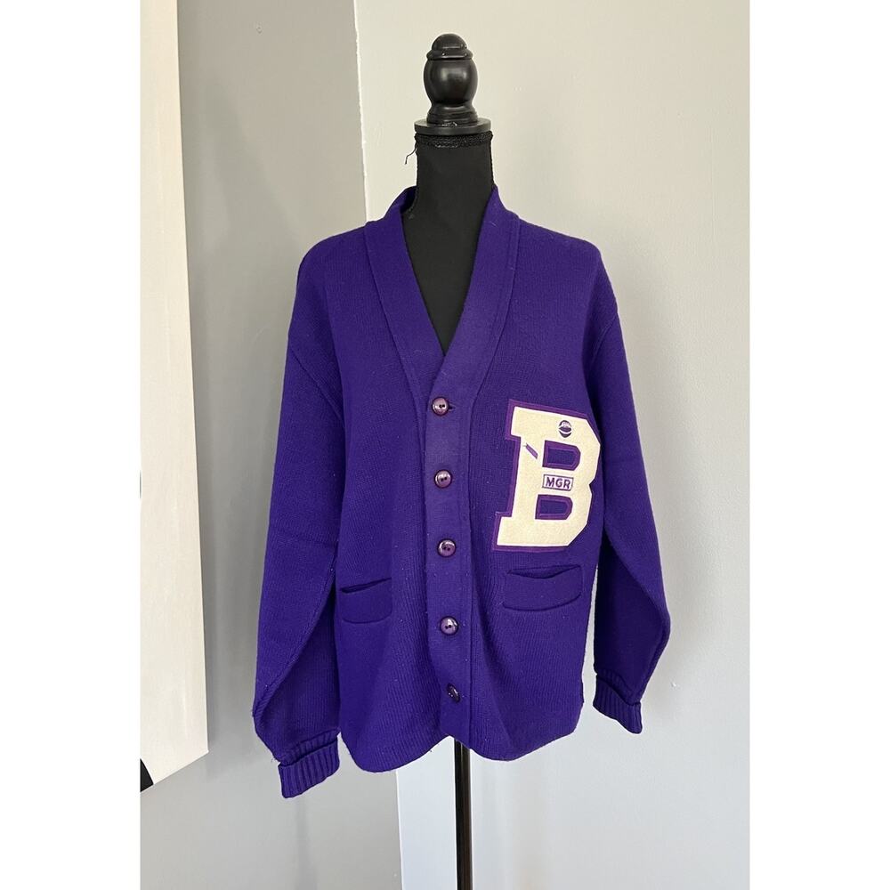 Vintage AMF Knit Letterman Cardigan Sweater 1960s B Basketball Size 42 Medium